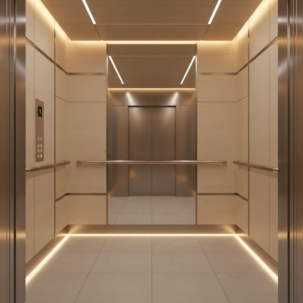 Elevator interior with light color panels and soft lighting making cabin appear larger