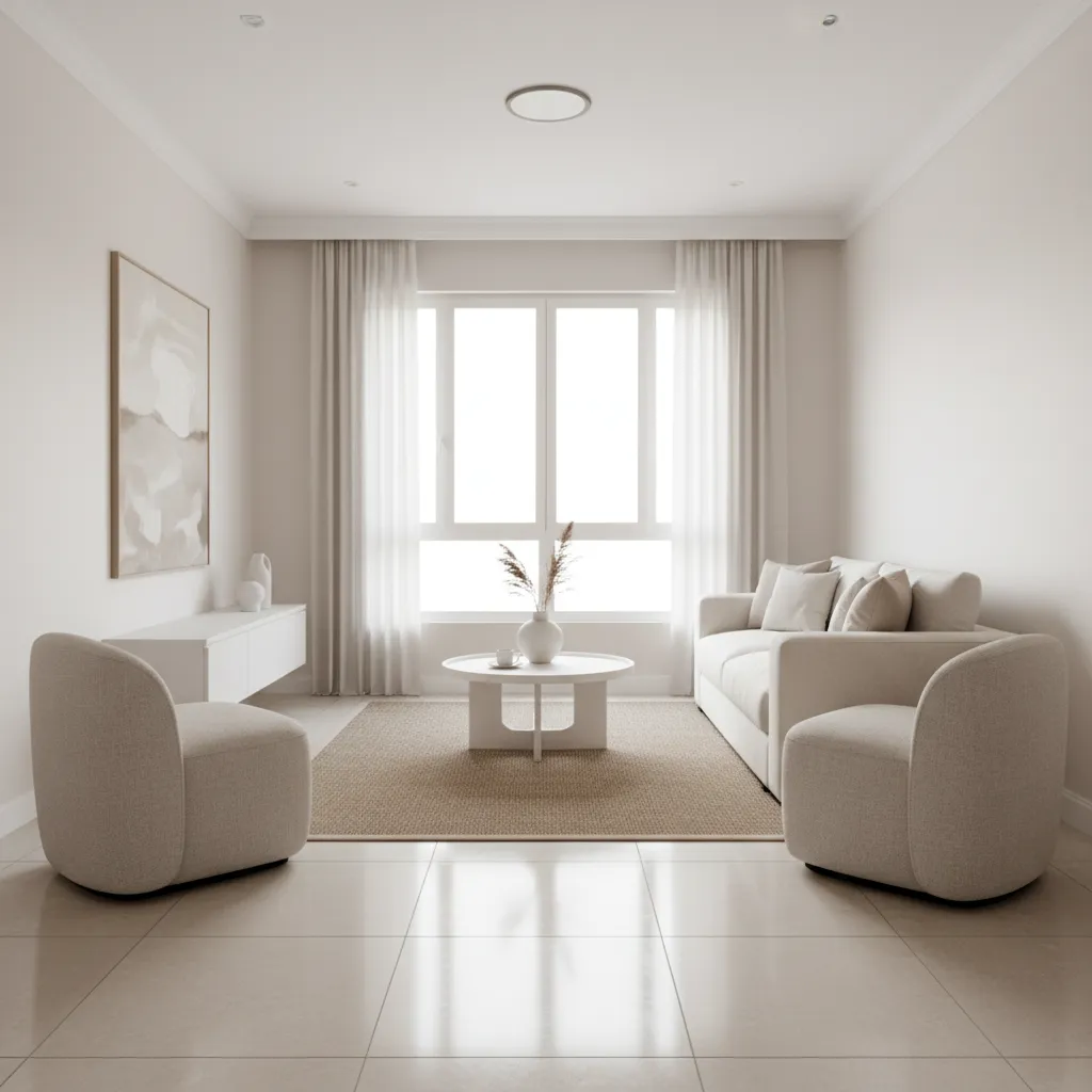 Creamy living room with white sofa chairs ceiling light window curtains and shiny beige floor tiles