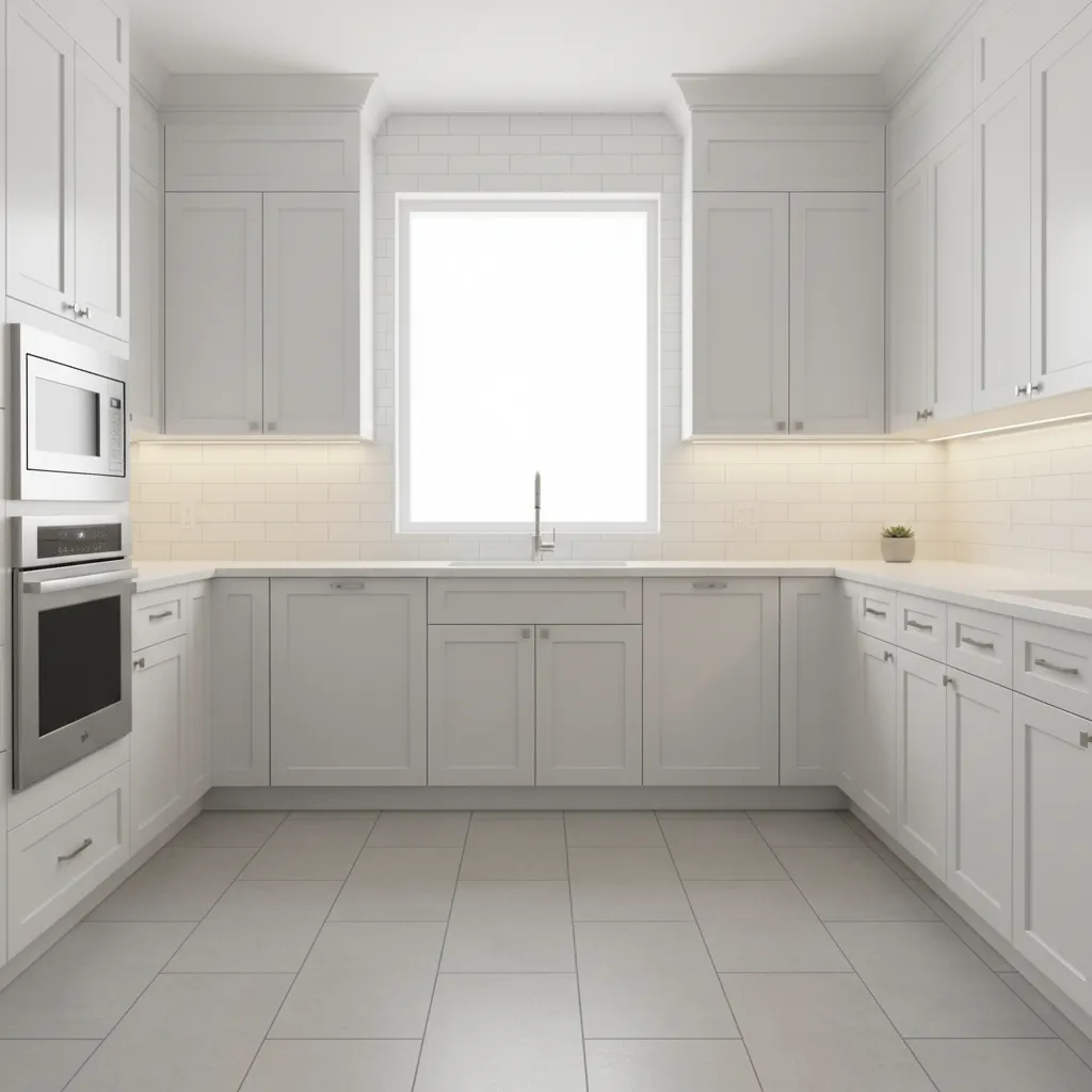 small kitchen with white cabinets quartz countertop and reflective backsplash