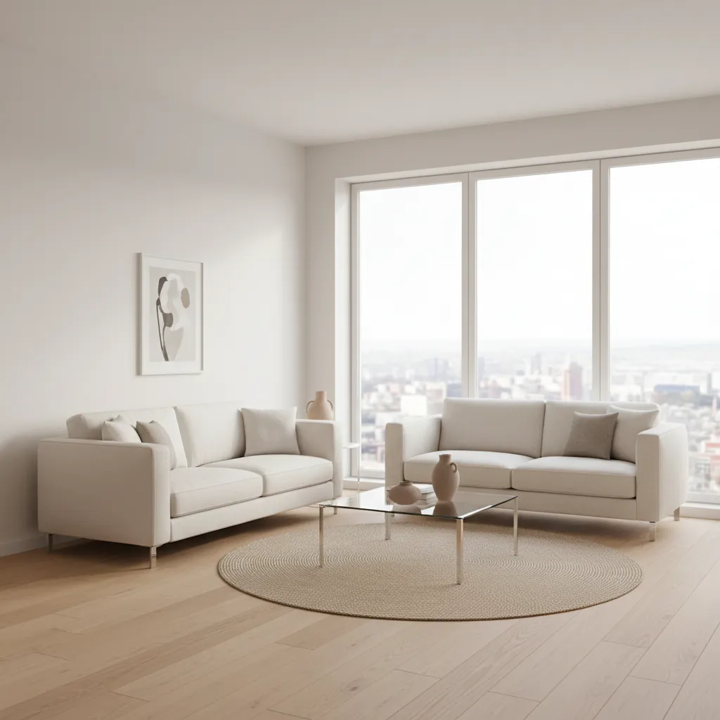 Light colored small living room with two sofas and bright lighting