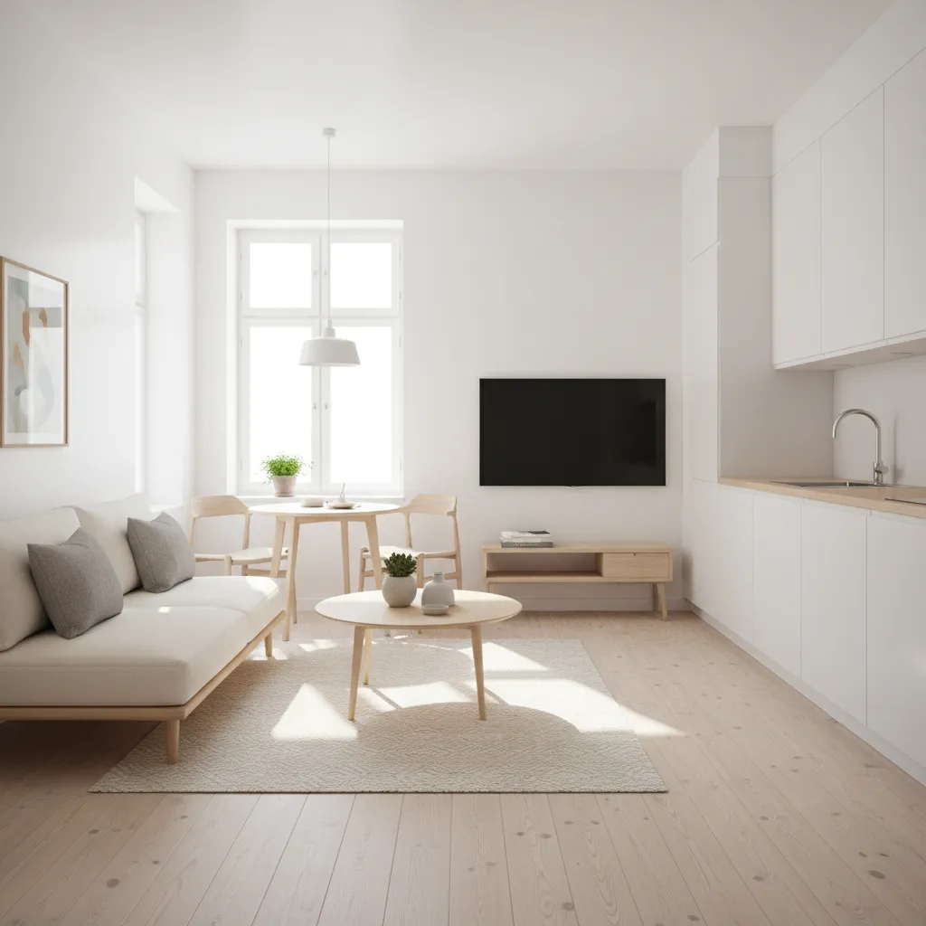 Interior pequeño con colores claros y madera natural