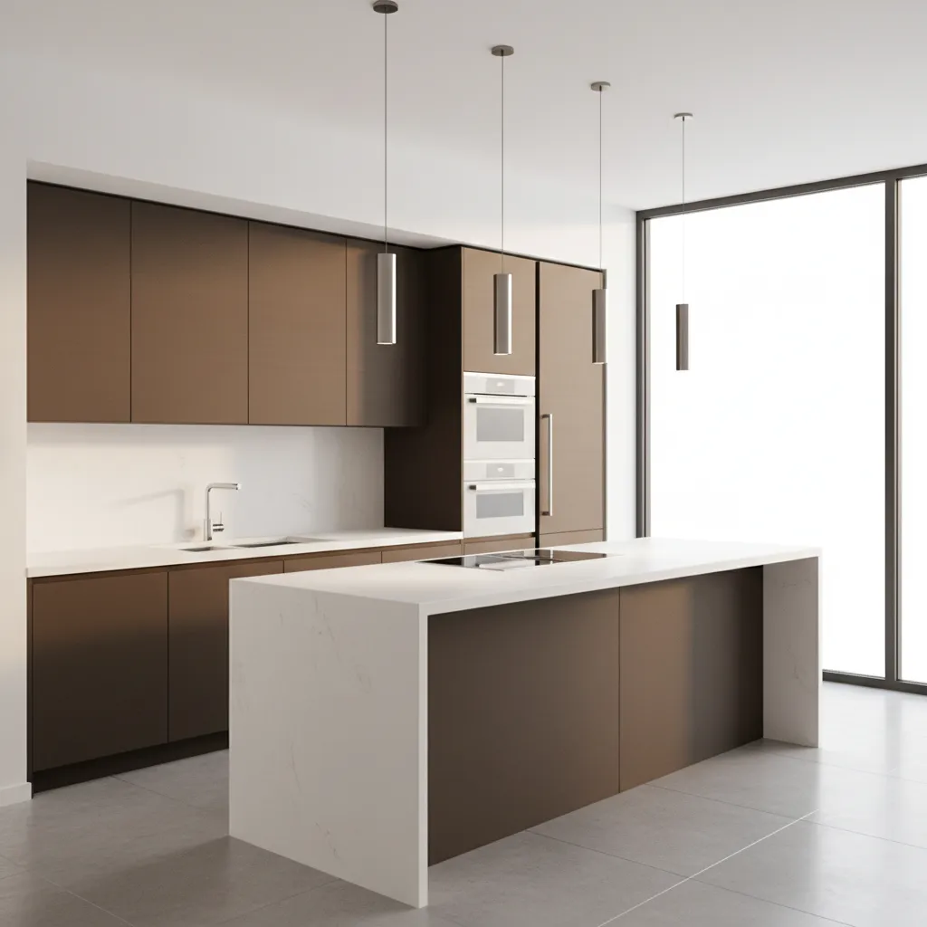 dark brown cabinets paired with bright white quartz countertop