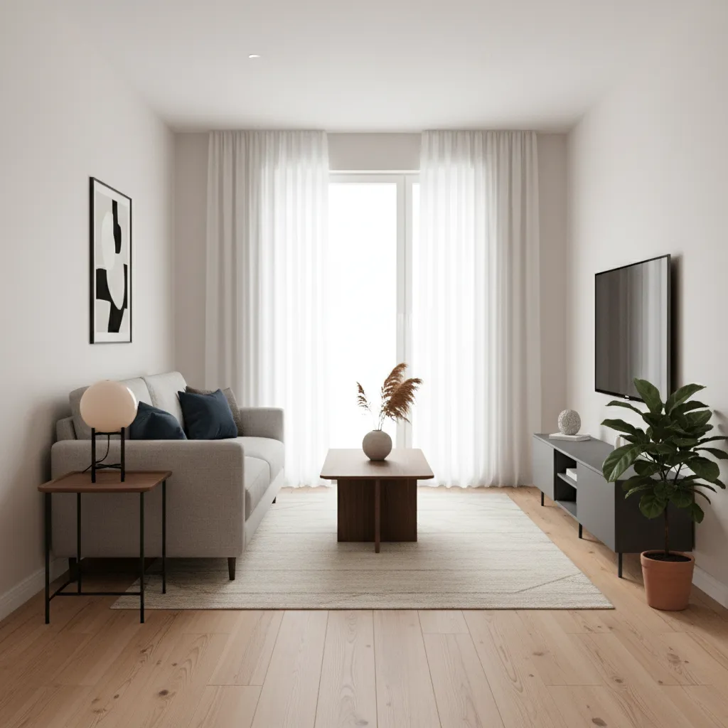 Small living hall with light walls and subtle dark furniture creating spacious feel
