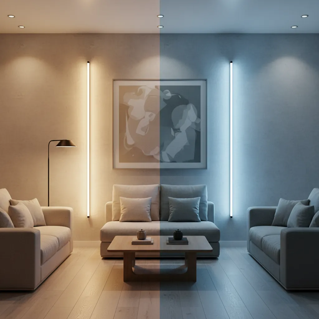 Living room lighting comparison showing warm yellow light versus cool blue light on the walls
