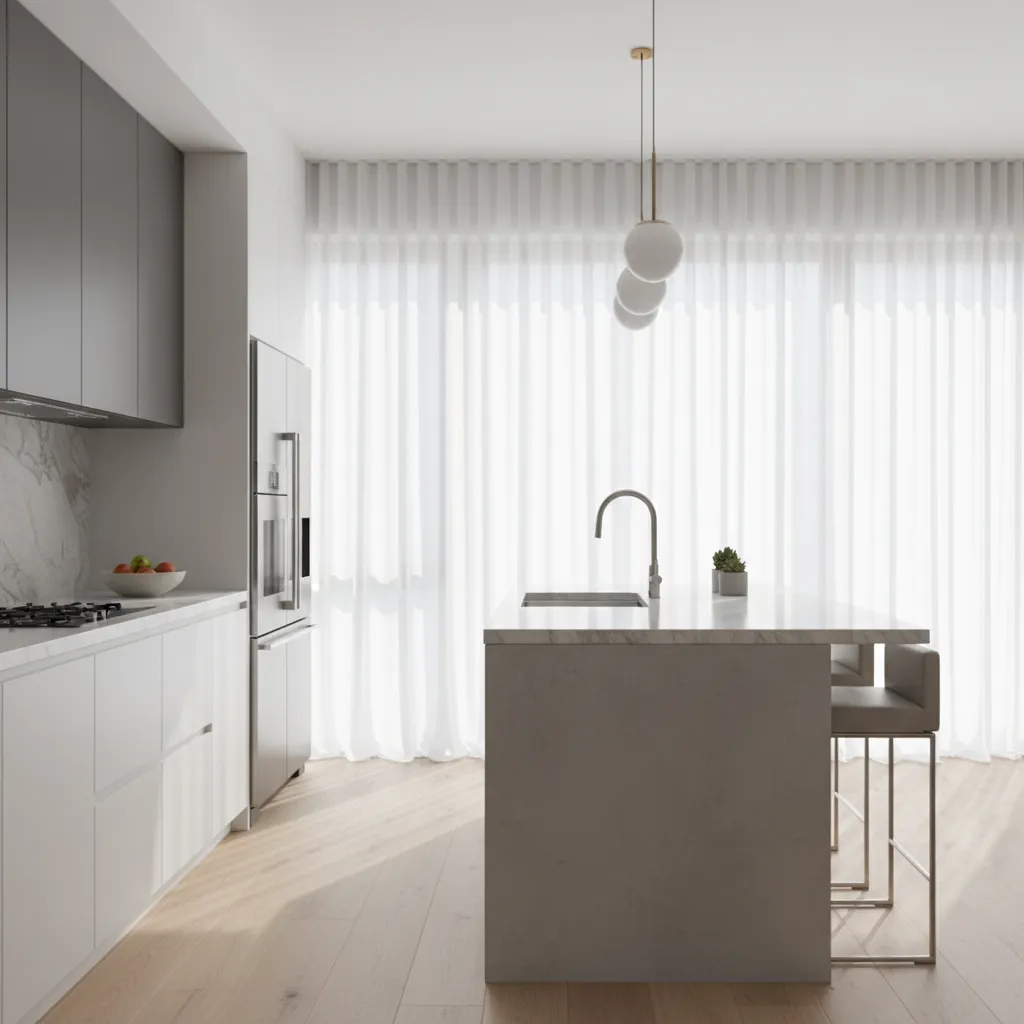 Cortinas ligeras dejando pasar luz natural en una cocina