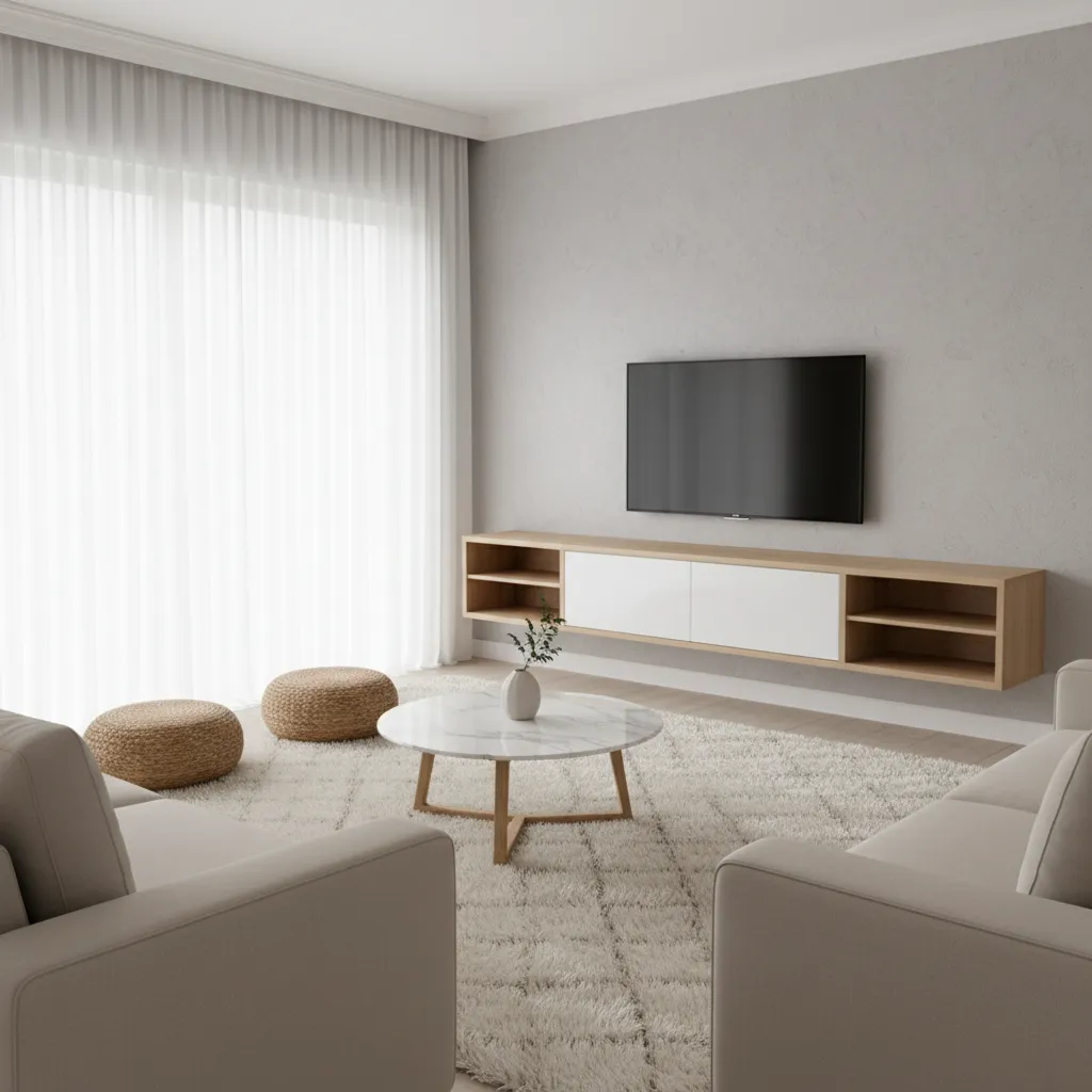 Light wood and white laminate TV unit in a small living room