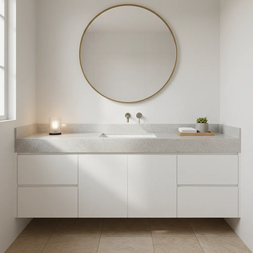 small bathroom vanity with light granite countertop and white cabinets