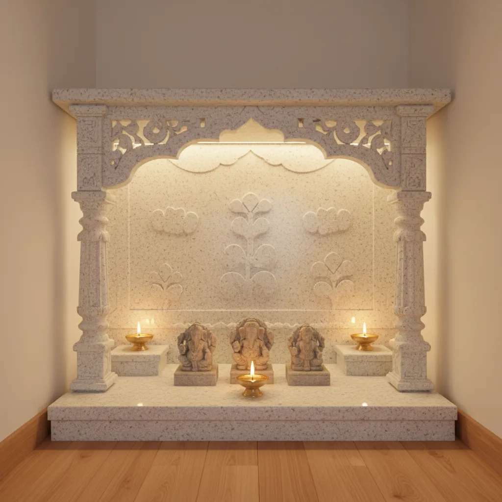 light colored granite pooja mandir with soft diya lighting