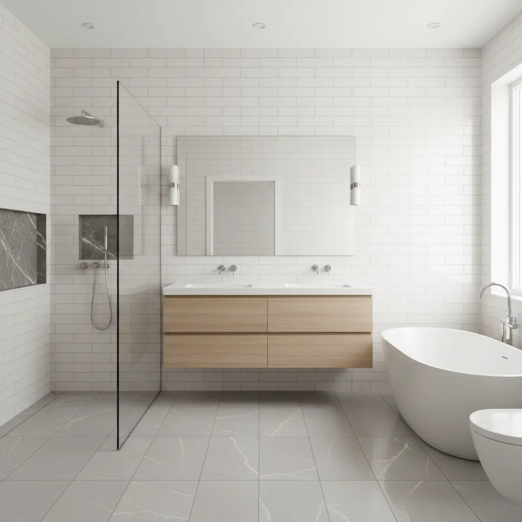 Bathroom with light gray tiles adding depth to white walls
