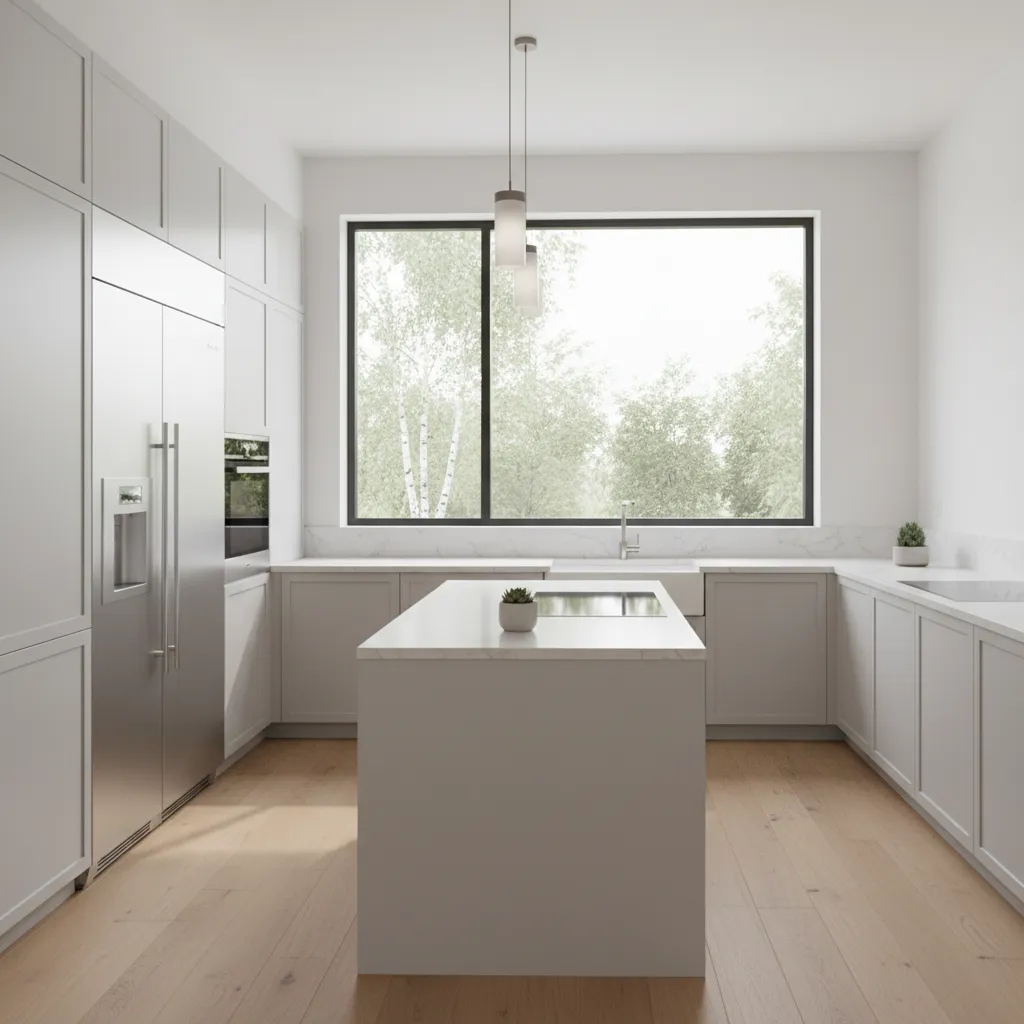 light gray kitchen cabinets with stainless steel appliances