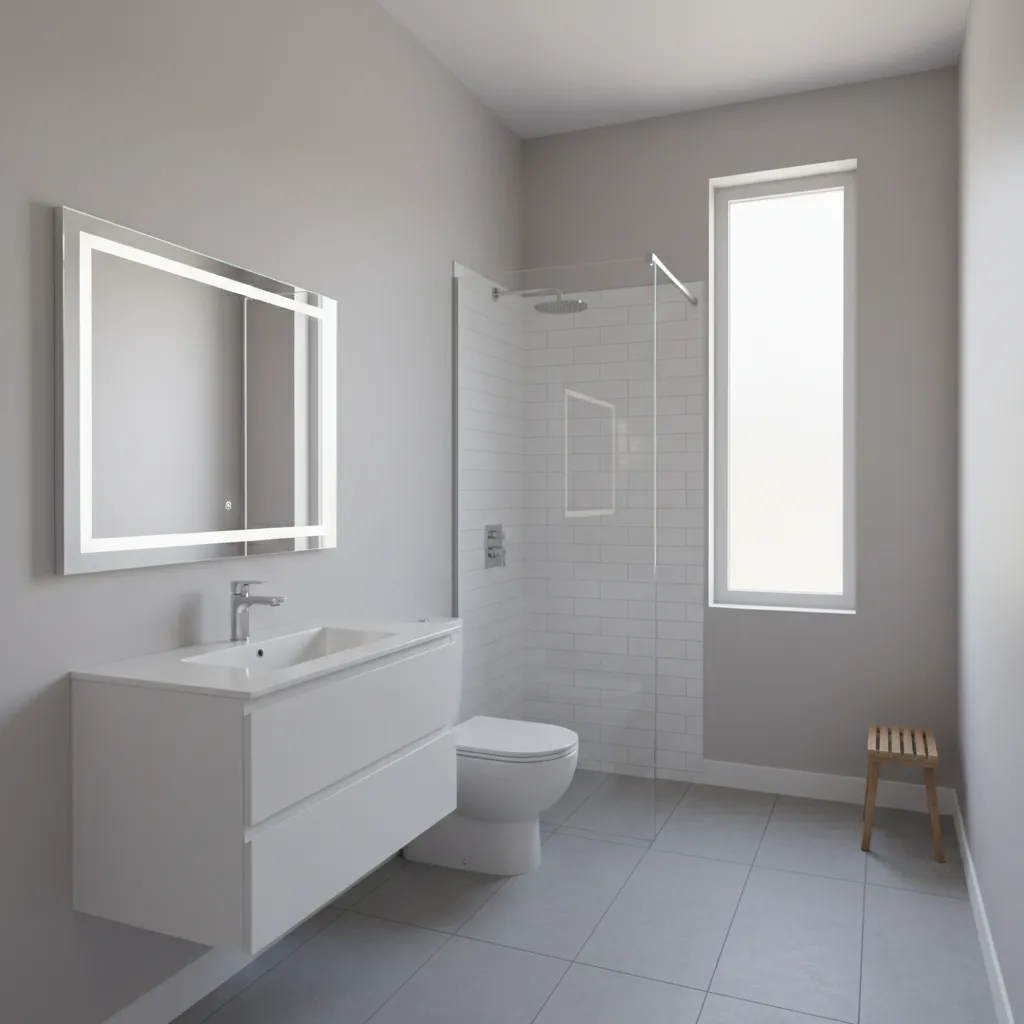 small bathroom with light gray walls white tiles and minimalist vanity