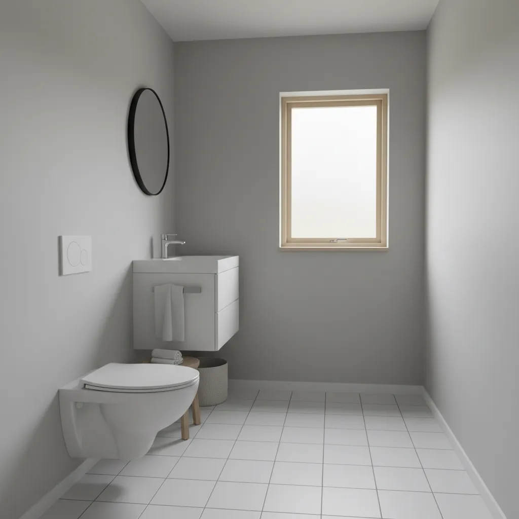 Small bathroom with soft light gray walls and white fixtures