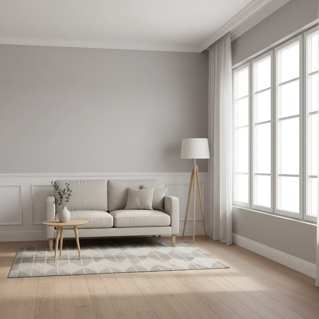 Small living room painted light gray with bright natural light