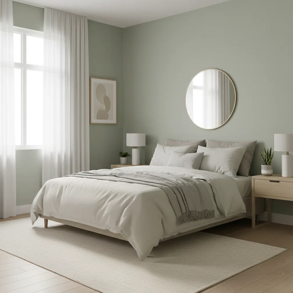 Small bedroom with pale green wall palette and neutral furniture