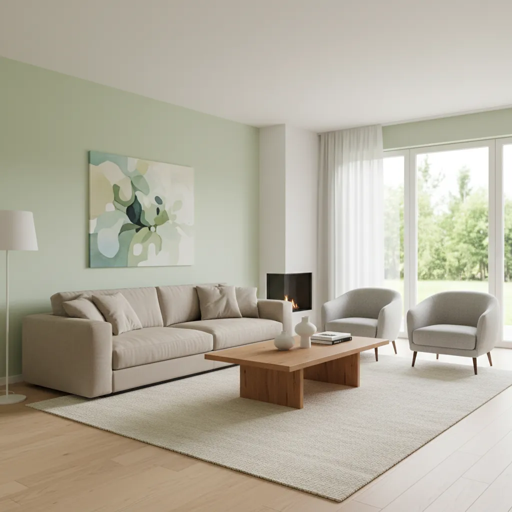 light green living room with neutral sofa wood coffee table and bright daylight