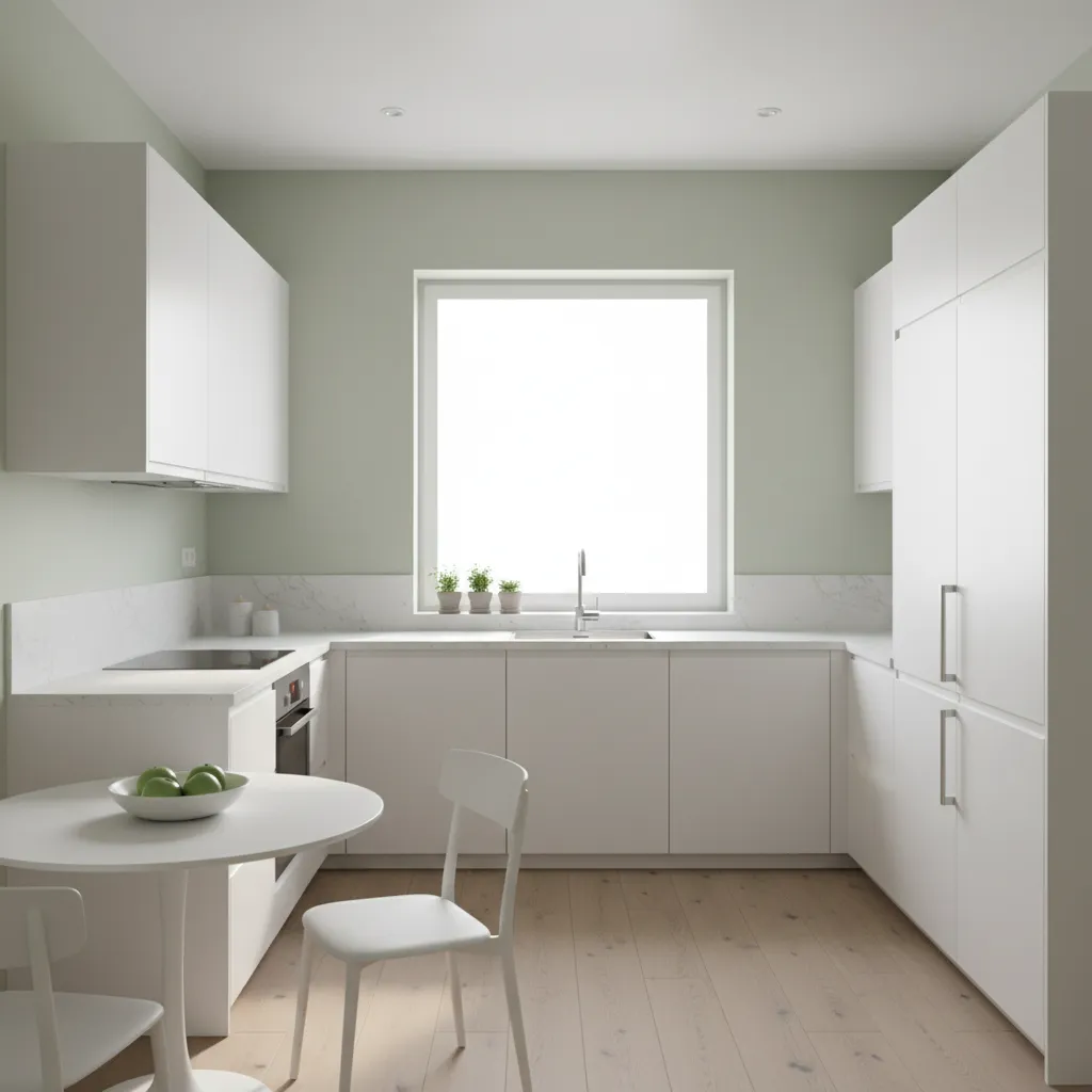 Light green kitchen wall color with modern cabinets and bright lighting