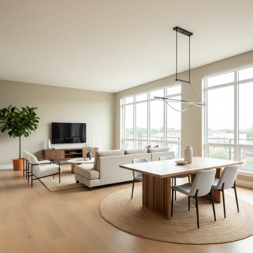 Open concept living and dining room with light greige walls and natural lighting