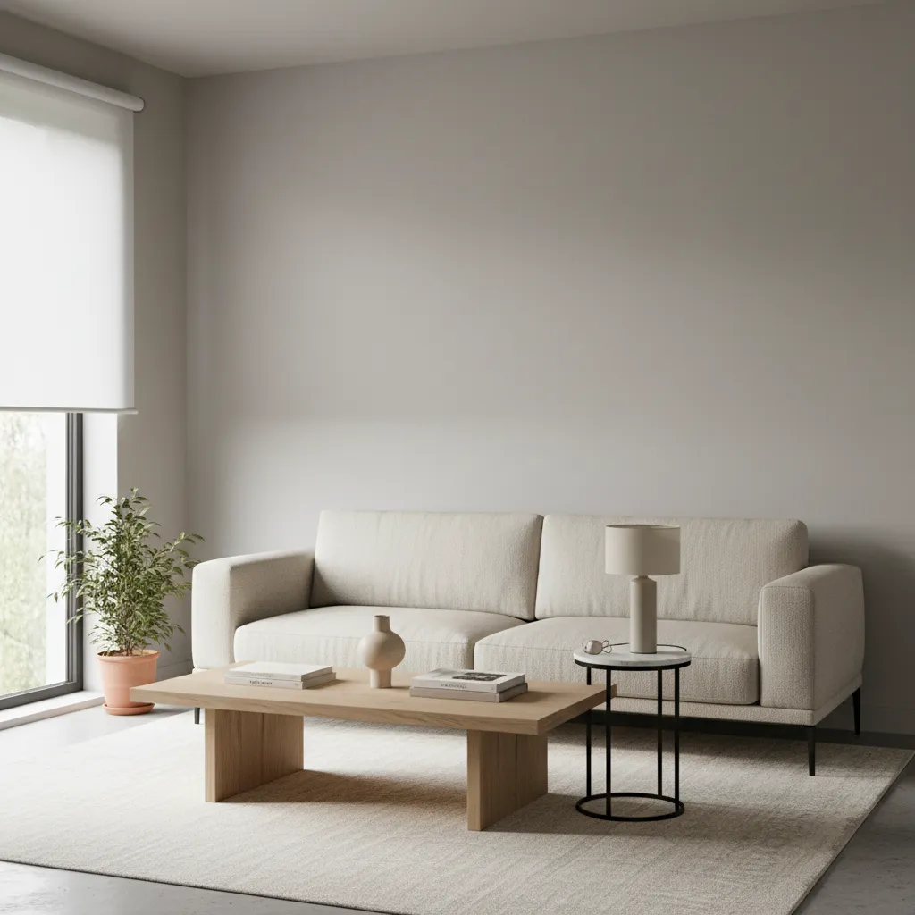 compact living room painted light greige creating depth and brightness