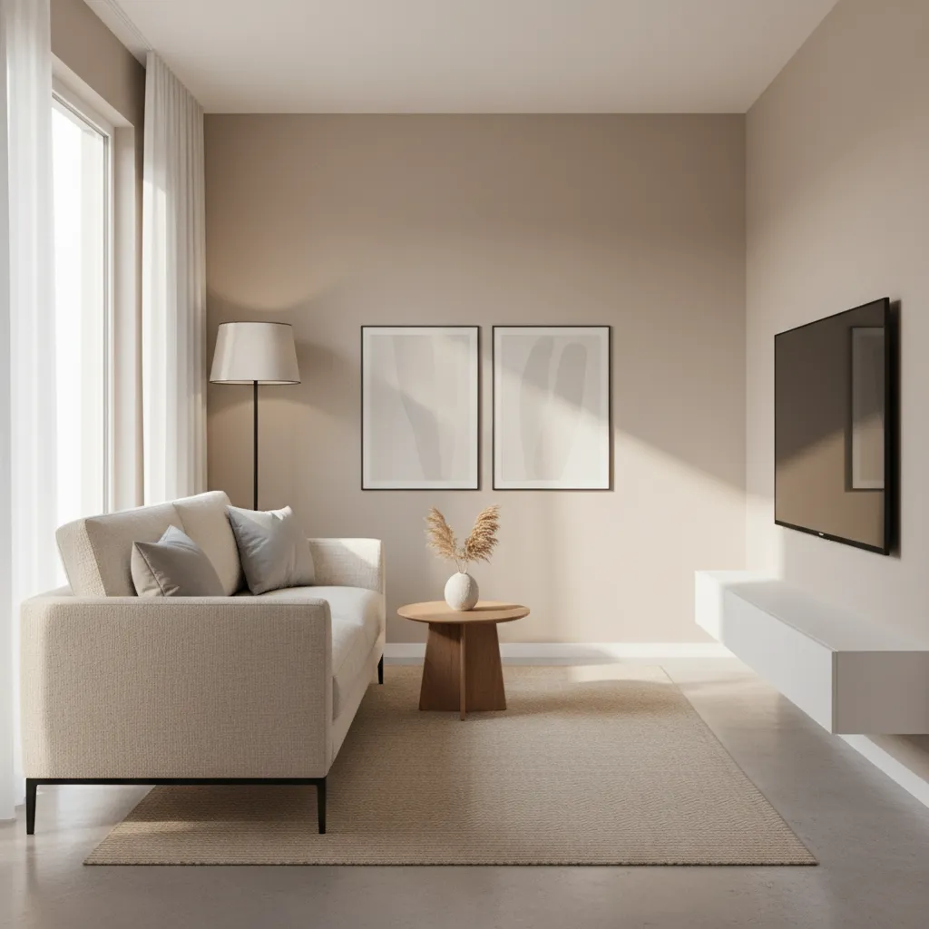 Compact living room painted light greige with soft neutral furniture