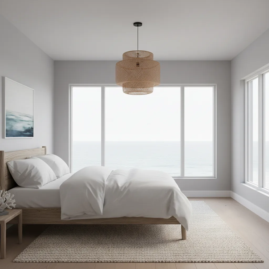 Light grey coastal bedroom with white bedding and natural textures