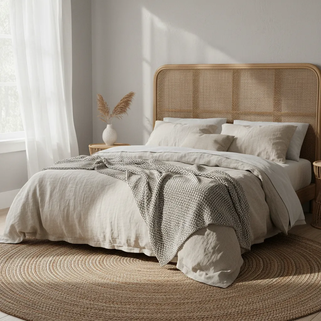 Layered textures in a light grey coastal bedroom with linen and rattan