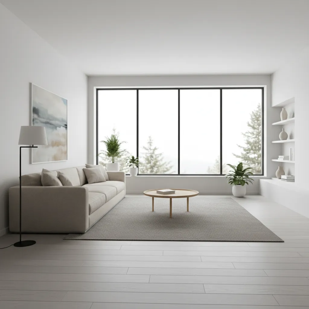 Bright living room with light grey wood flooring and white walls