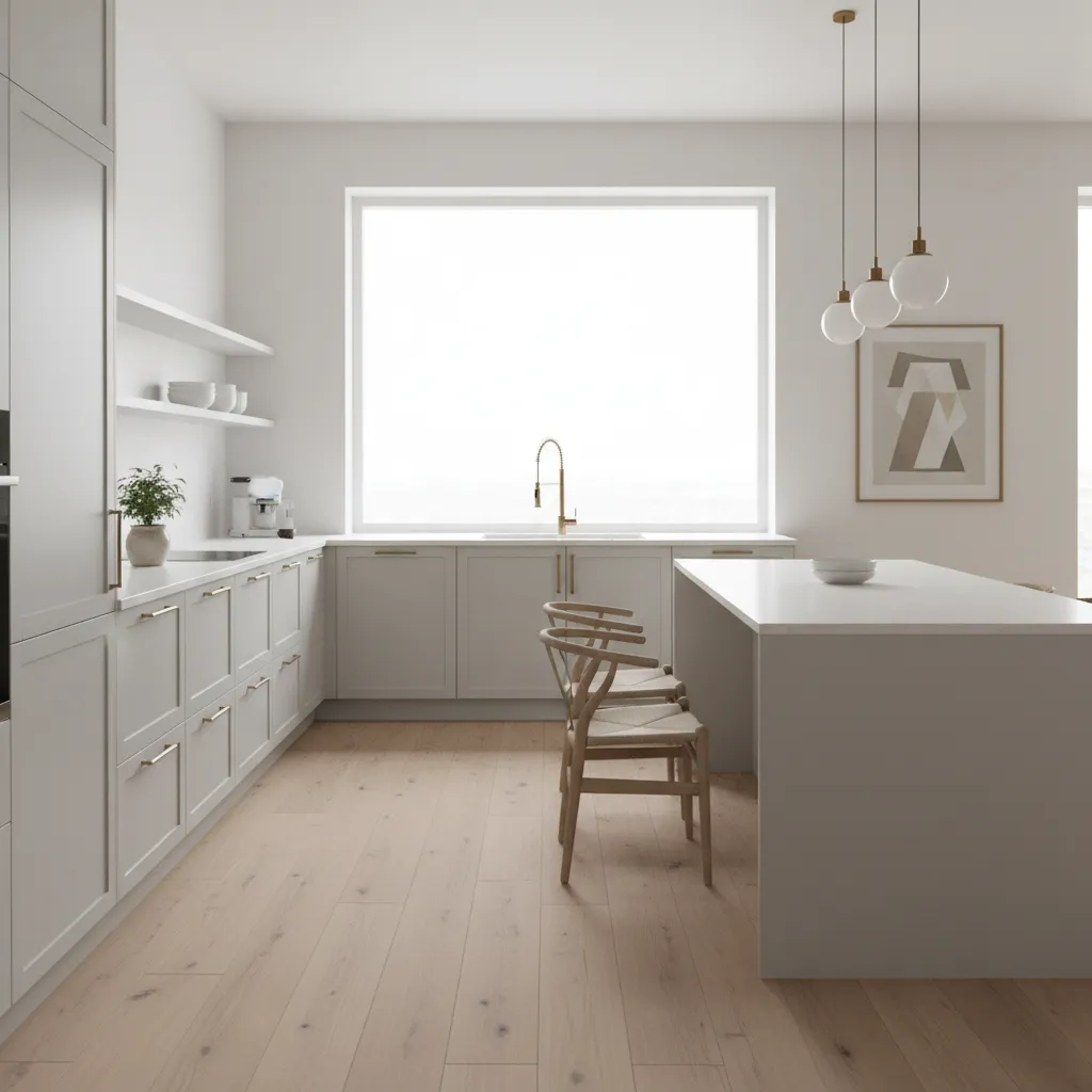 Bright kitchen with light grey cabinets white countertops and natural sunlight