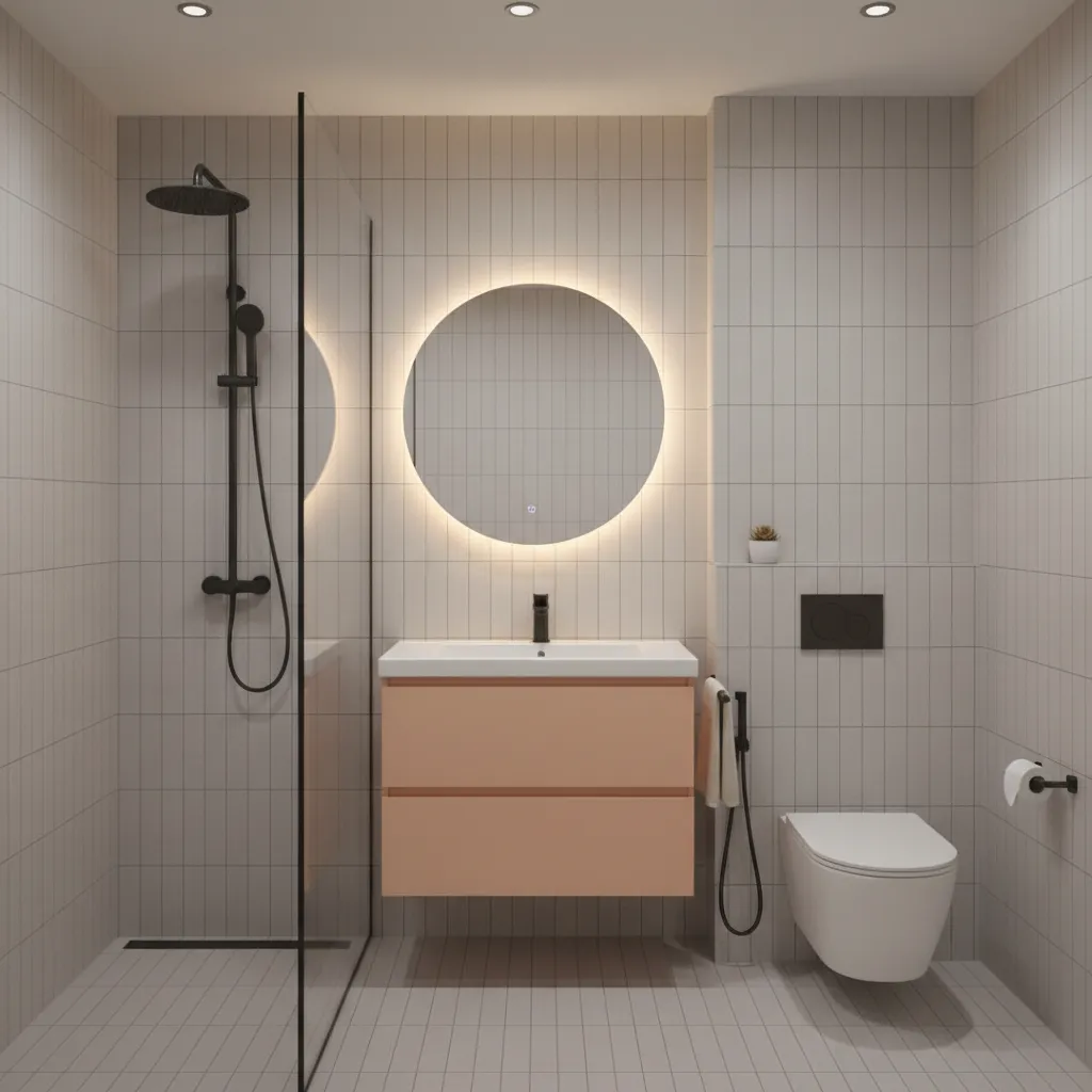 Light grey bathroom with peach vanity accents and soft lighting