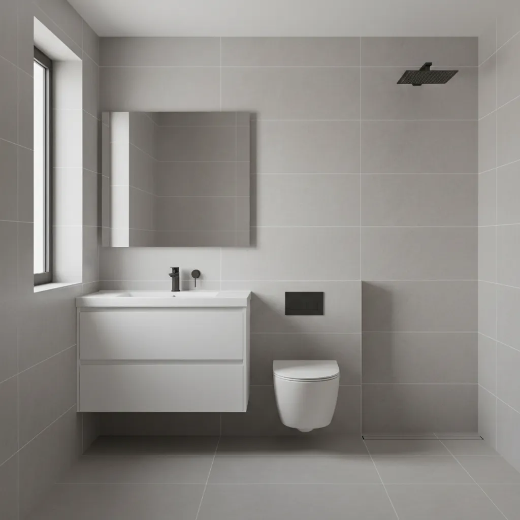 Light grey bathroom tiles designed to visually expand a compact bathroom