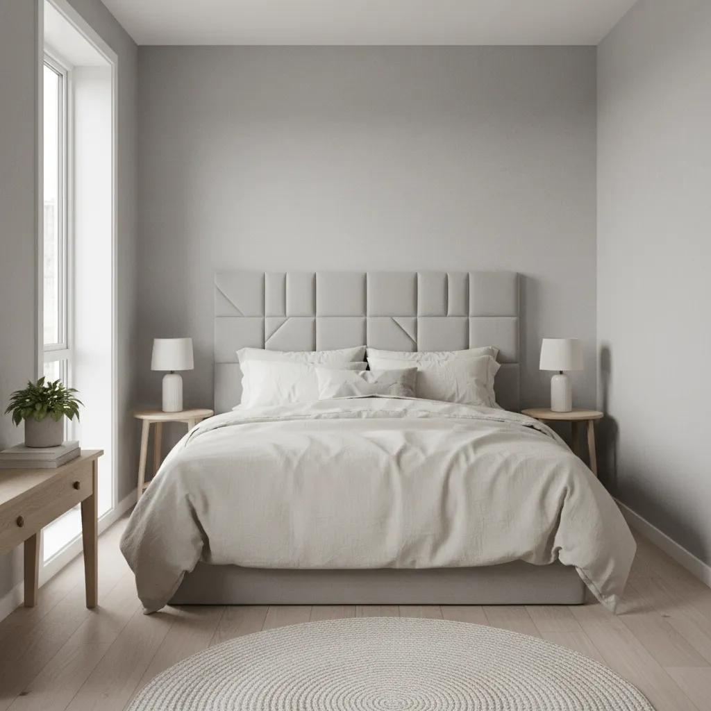 Light grey small bedroom with minimalist decor and soft textiles