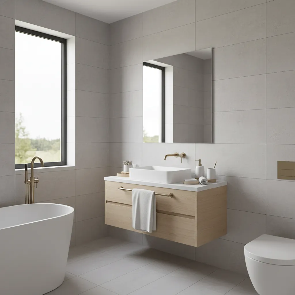 Light grey tiled bathroom styled with white and brass accessories