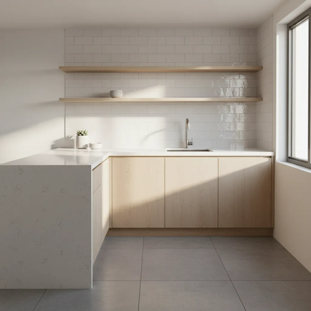 Bright small kitchen using light materials and reflective surfaces