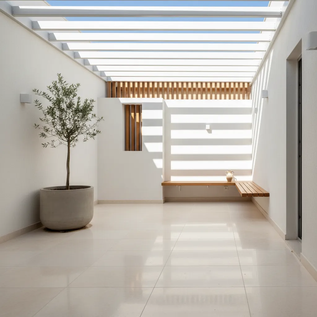 Minimalist white patio with potted tree wooden bench and light filtering through white roof slats