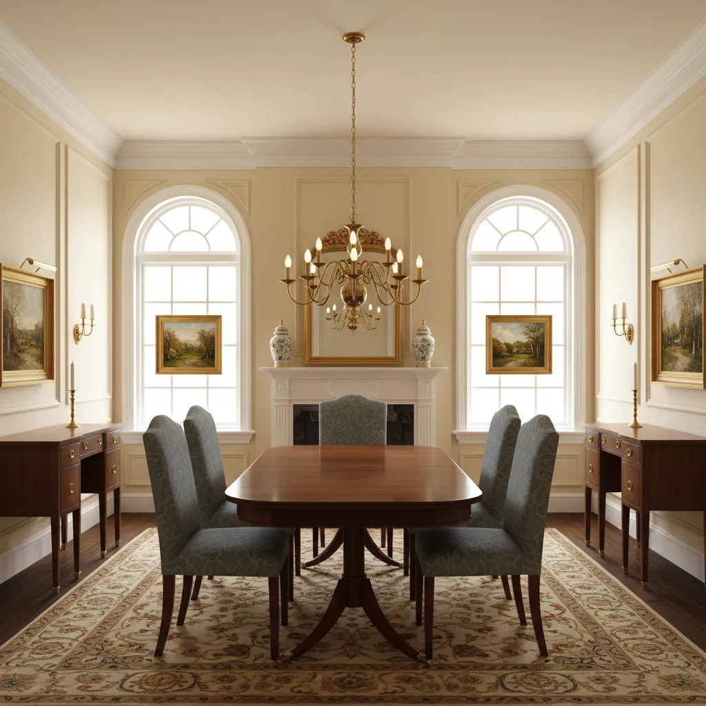 Dining room with light neutral walls and mahogany Duncan Phyfe table