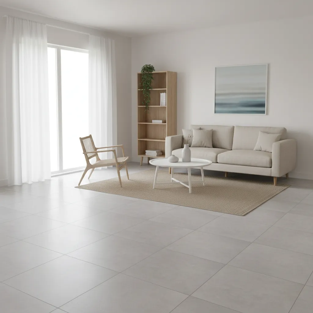 Bright small living room with light gray neutral floor tiles