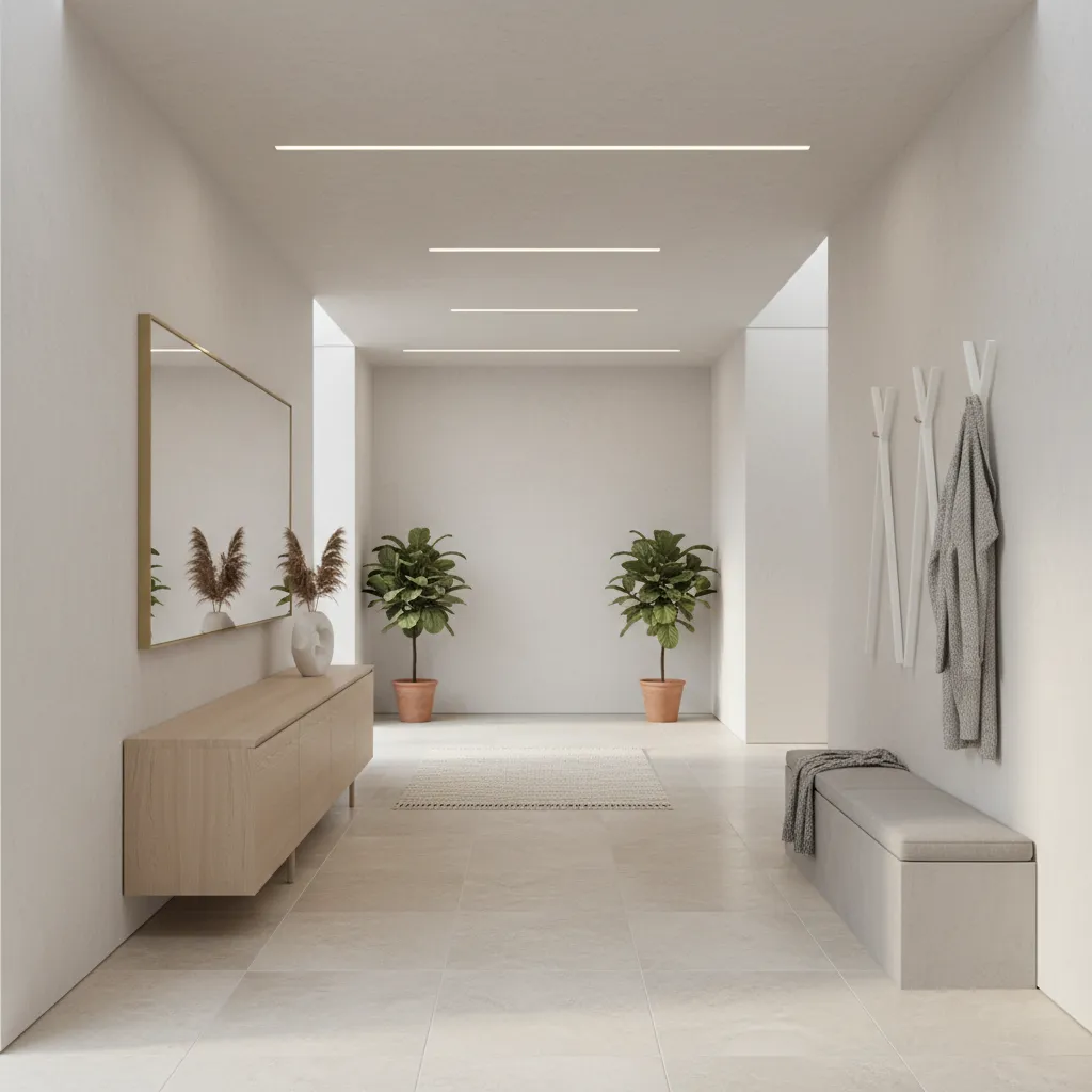 Light neutral stone look tiles in a bright modern hall interior