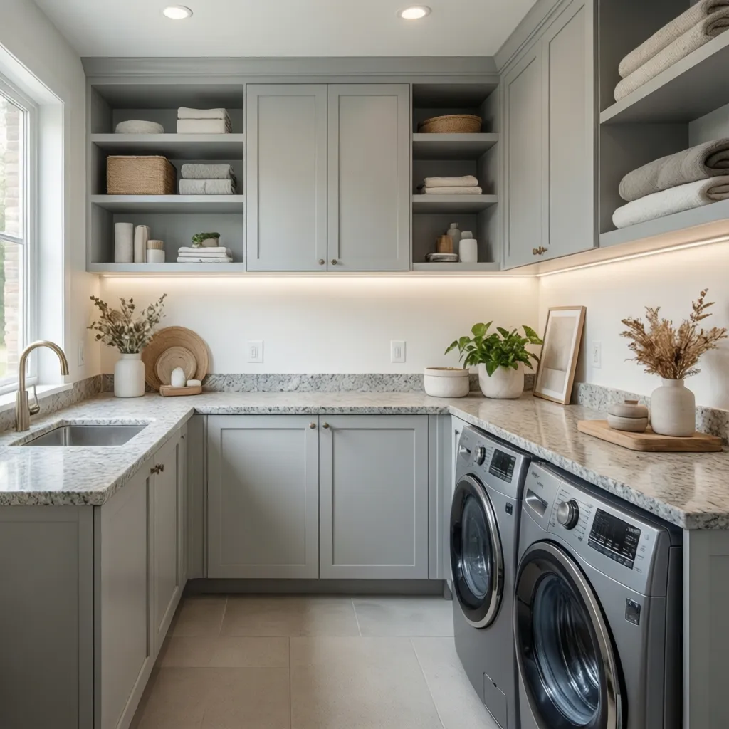 Laundry room with light neutral color palette and reflective surfaces