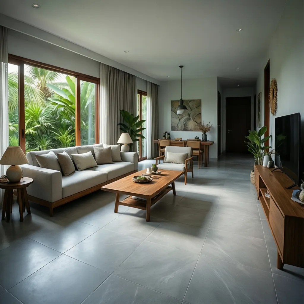 Living room with light neutral tile flooring and warm tropical interior design
