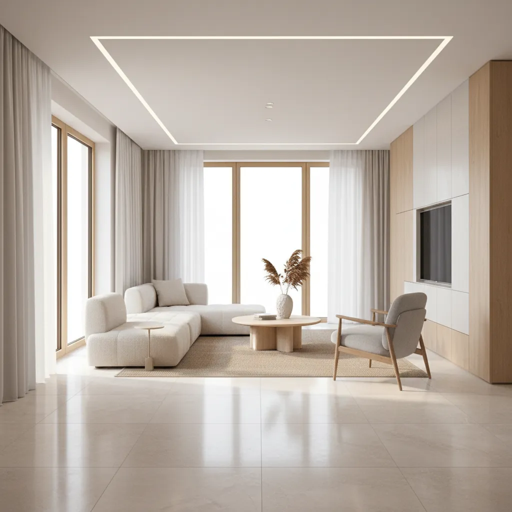 Light neutral tile flooring in a bright modern living room