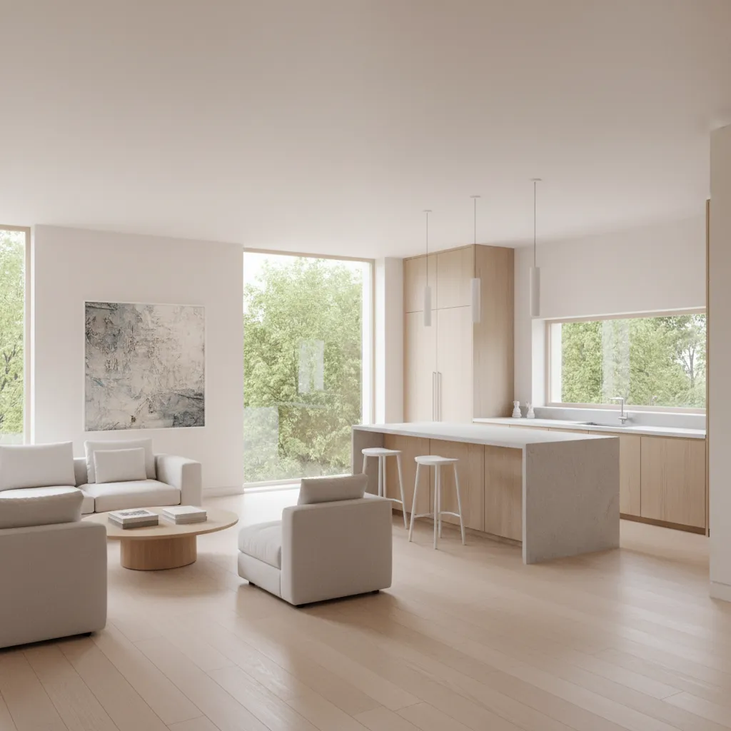 Light neutral paint colors making open kitchen and living room look bigger