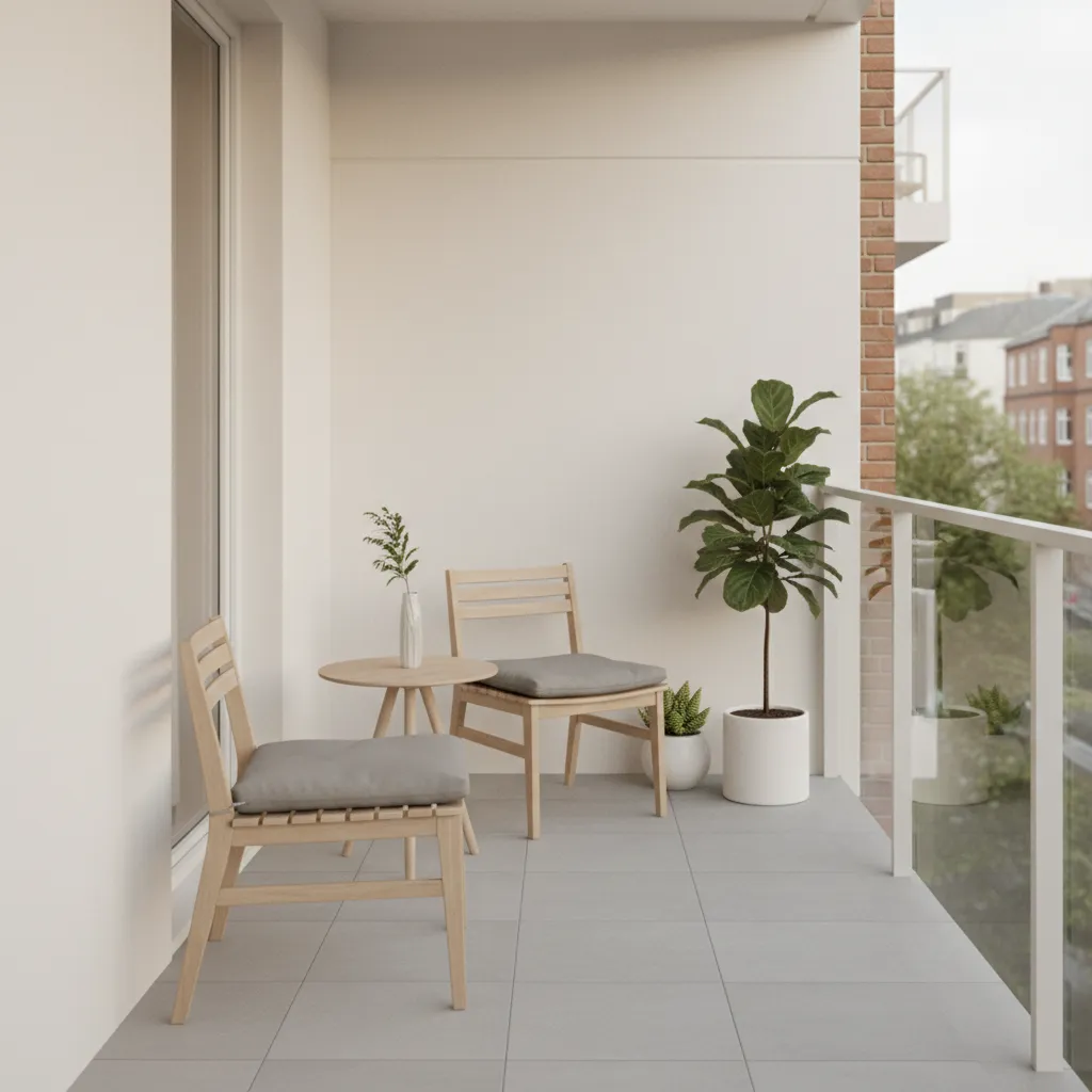 Small balcony with light neutral colors and minimal furniture creating spacious feeling