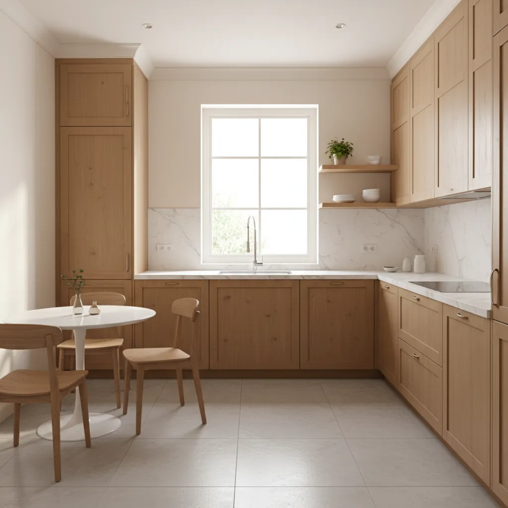 Bright kitchen with light wood cabinets, white marble counters, center window, and small white dining table