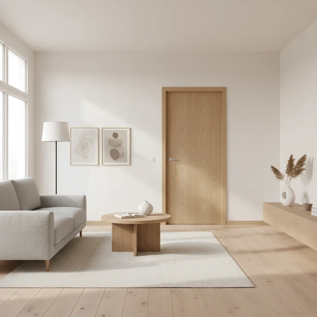 Puerta de roble claro combinada con interior escandinavo