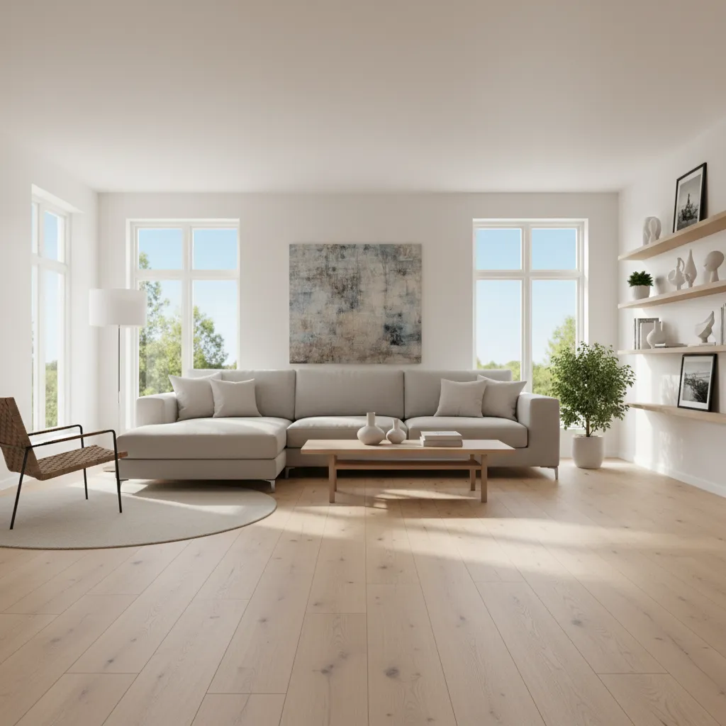 Bright living room featuring light oak laminate flooring and neutral furniture