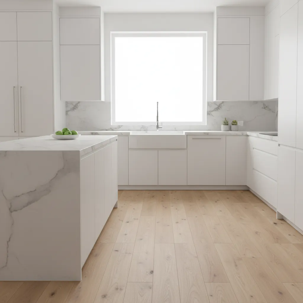 Light oak wood design vinyl flooring installed in modern kitchen