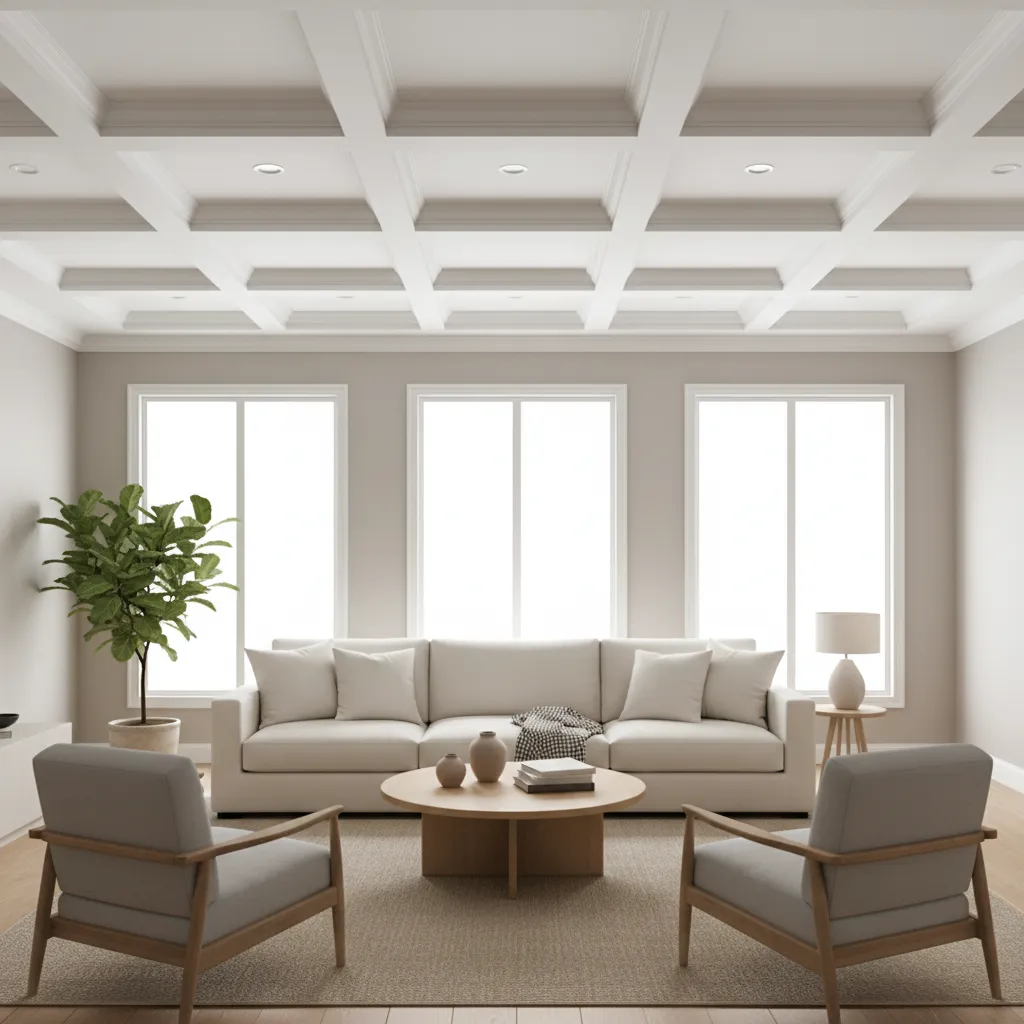 modern living room with light painted coffered ceiling panels enhancing brightness
