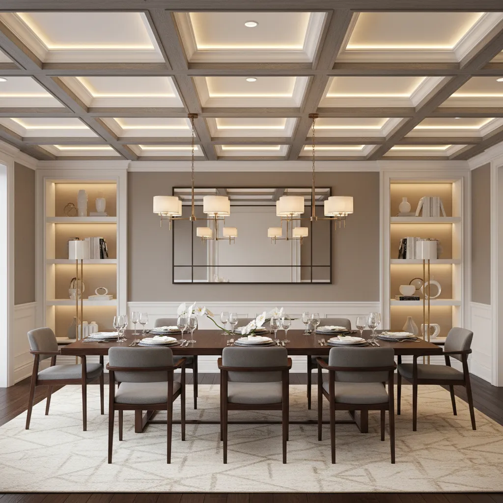 coffered ceiling with white panels and darker beams showing depth contrast