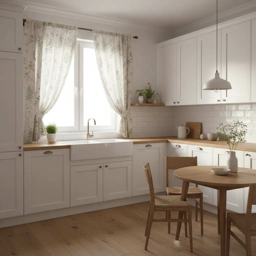 Small kitchen with subtle patterned light fabric curtains