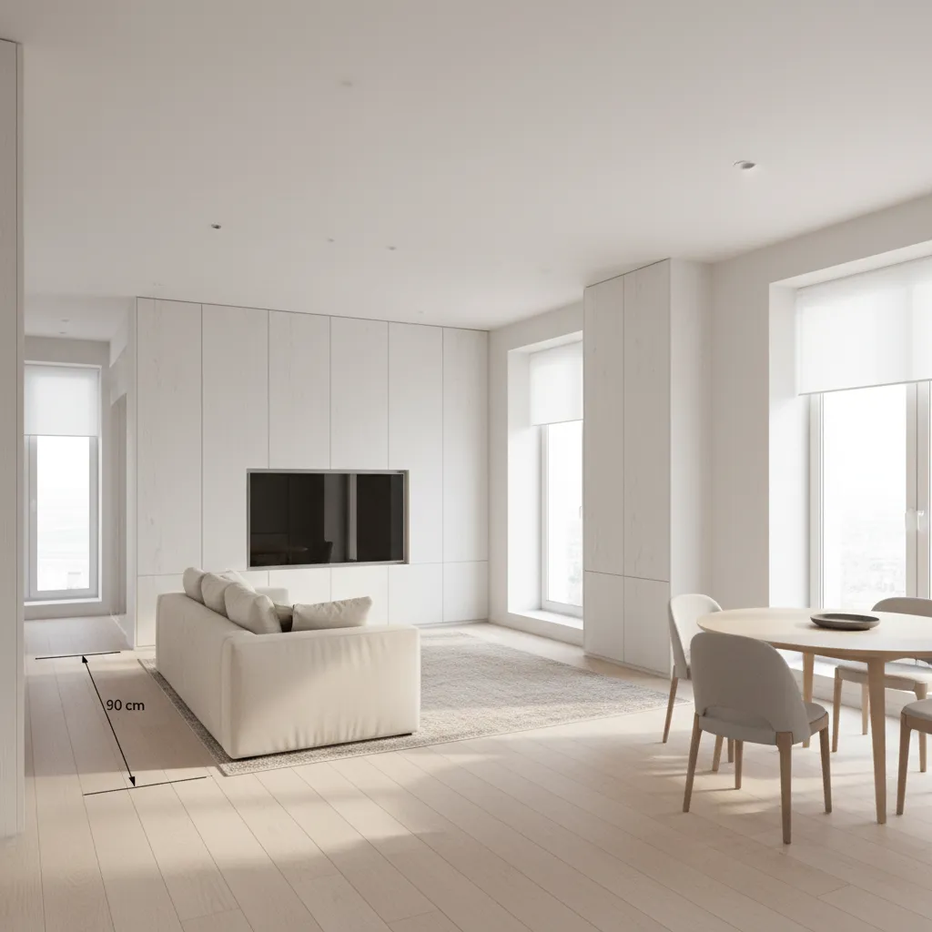 Interior design drawing showing room layout with sofa dining table wall cabinet and wide floor space