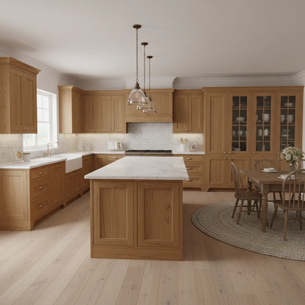 Country kitchen with oak cabinets and bright white quartz countertops improving overall brightness